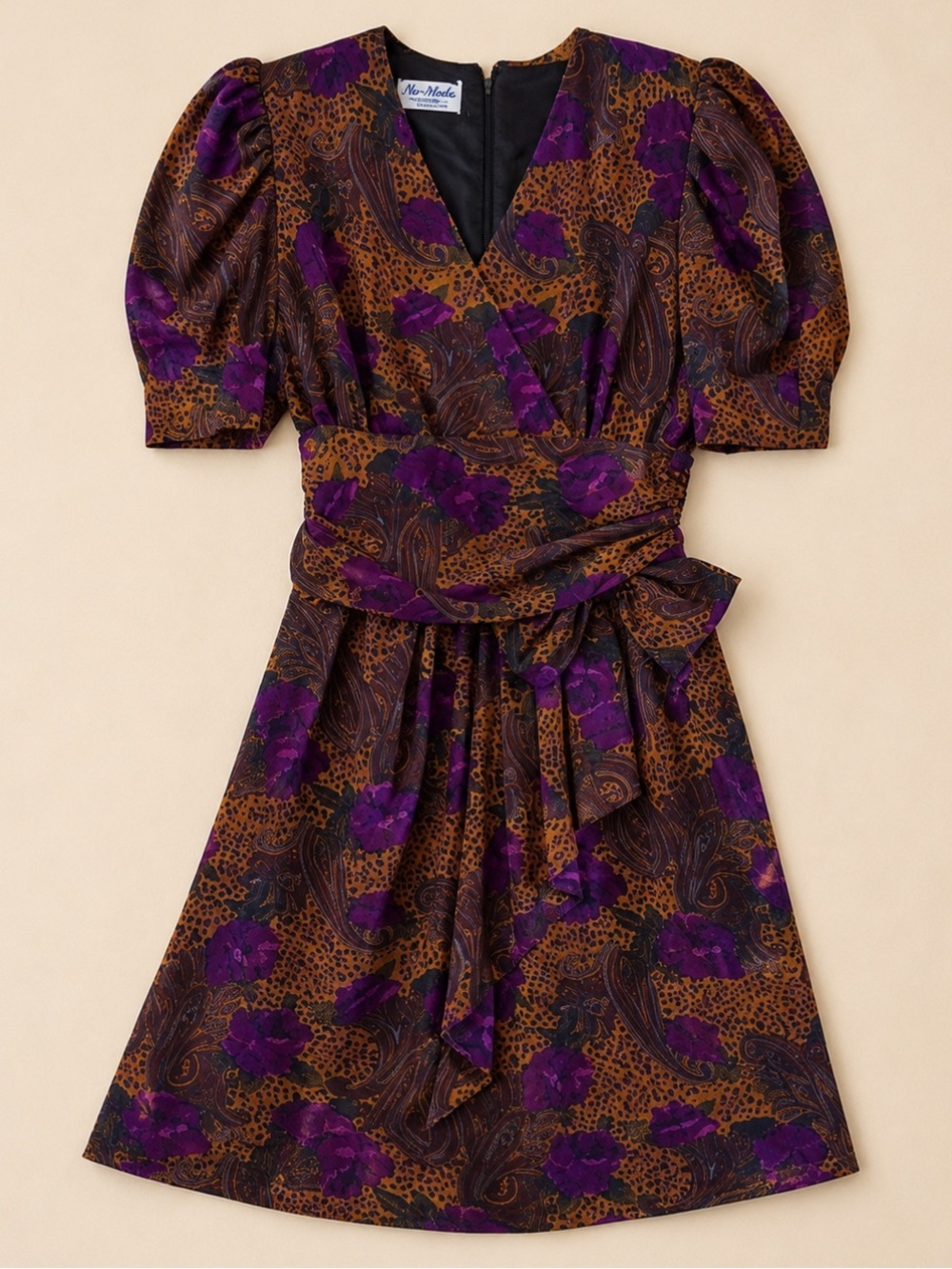 Vintage 80s Nu-Mode Puff Sleeve Dress Large  Purple Paisley Leopard Print Prom